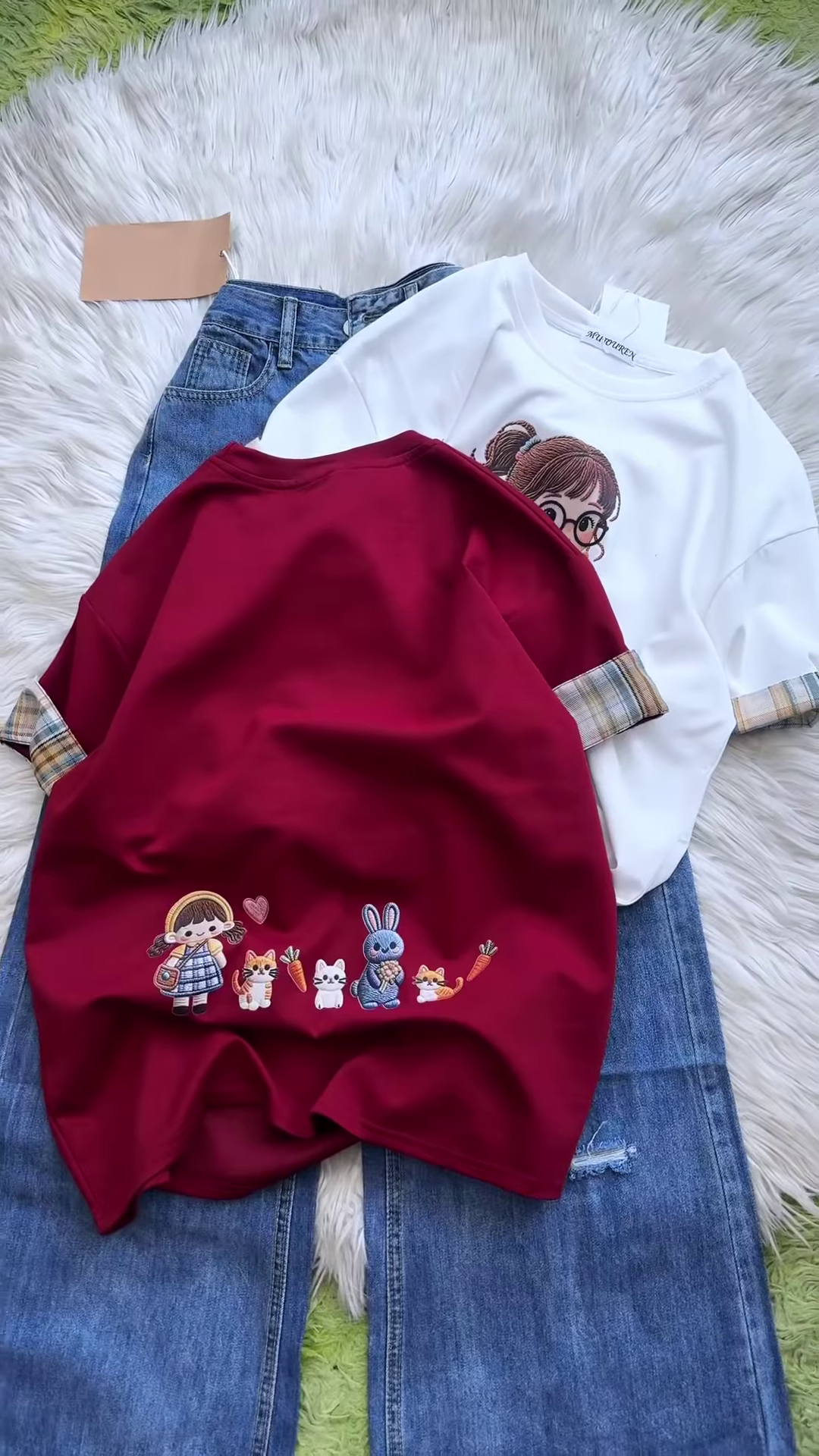 Embroidered Girl-Graphic Crew-Neck T-Shirt with Plaid Cuffed Sleeves
